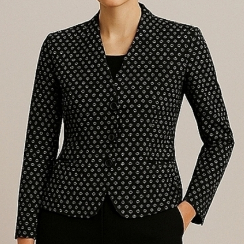 Patrick Collection 100% Silk Collarless Jacket Black White Medium - Picture 2 of 15